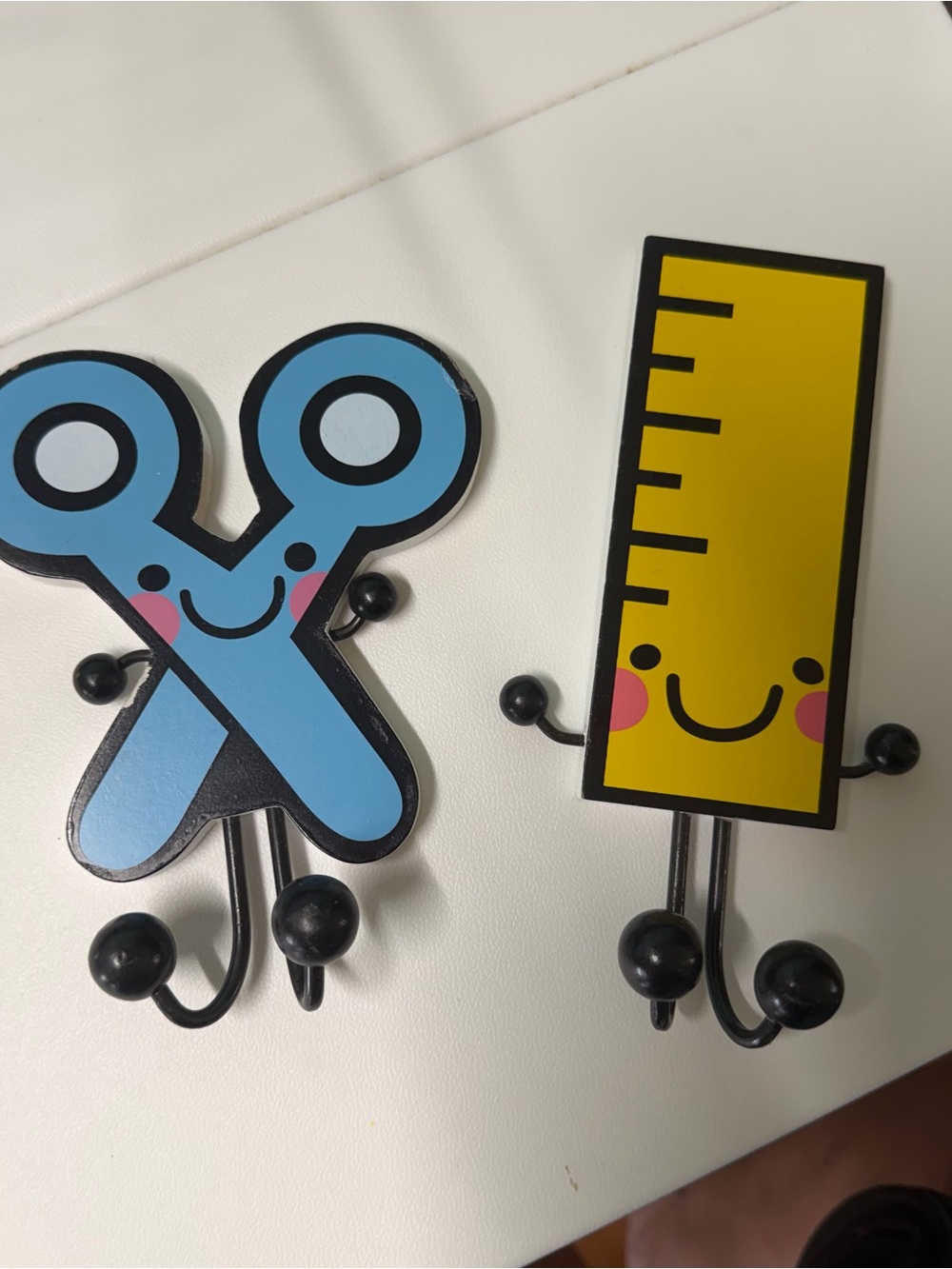 Kids Blue Scissors & Yellow Ruler Wall Hooks Classroom has paint flaws